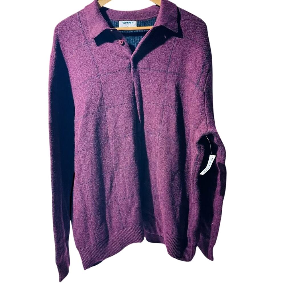 Old Navy Mens Purple Checkered Long Sleeve Polo Sweater XL